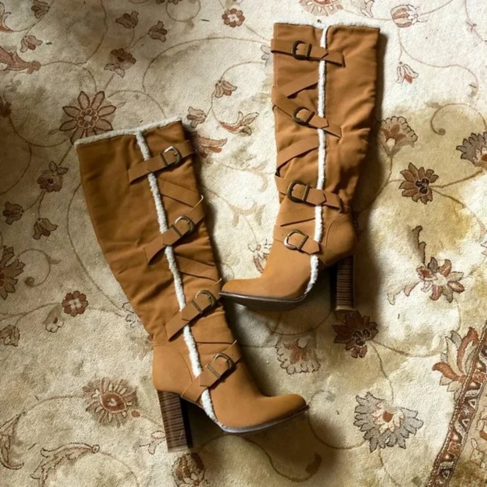 LYONAH | Tan & shearling stacked heel tall statement winter dress boot